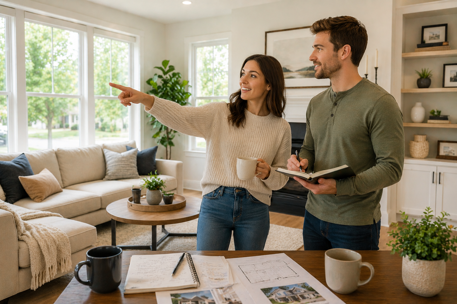 First-time home buyers standing together inside a bright Greenville, South Carolina living room while discussing furniture placement, natural lighting, and daily routines with coffee mugs, notebooks, and home search papers nearby.