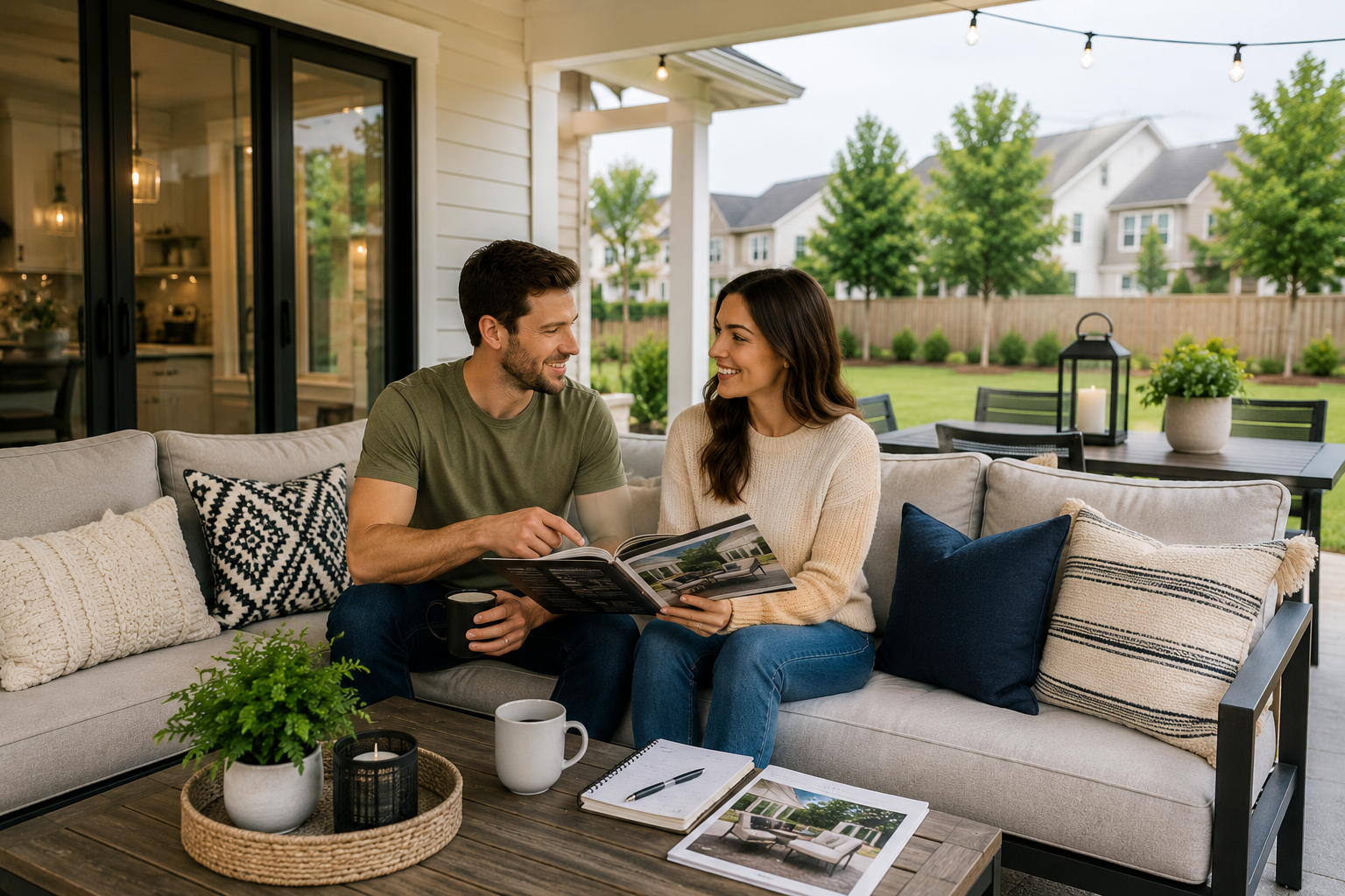 First-time home buyers sitting together on a covered back patio of a bright Simpsonville, South Carolina home while discussing outdoor furniture ideas, neighborhood lifestyle, and relaxing evening routines with coffee mugs nearby.