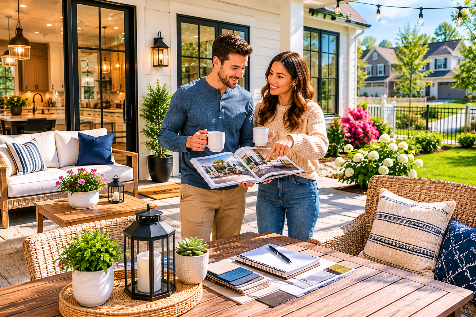 First-time home buyers standing on their porch in back of a bright Simpsonville, South Carolina home while discussing outdoor furniture ideas, neighborhood comfort, and future routines with coffee mugs, décor catalogs, and cozy seating nearby. First-time home buyers standing on their porch in back of a bright Simpsonville, South Carolina home while discussing outdoor furniture ideas, neighborhood comfort, and future routines with coffee mugs, décor catalogs, and cozy seating nearby.