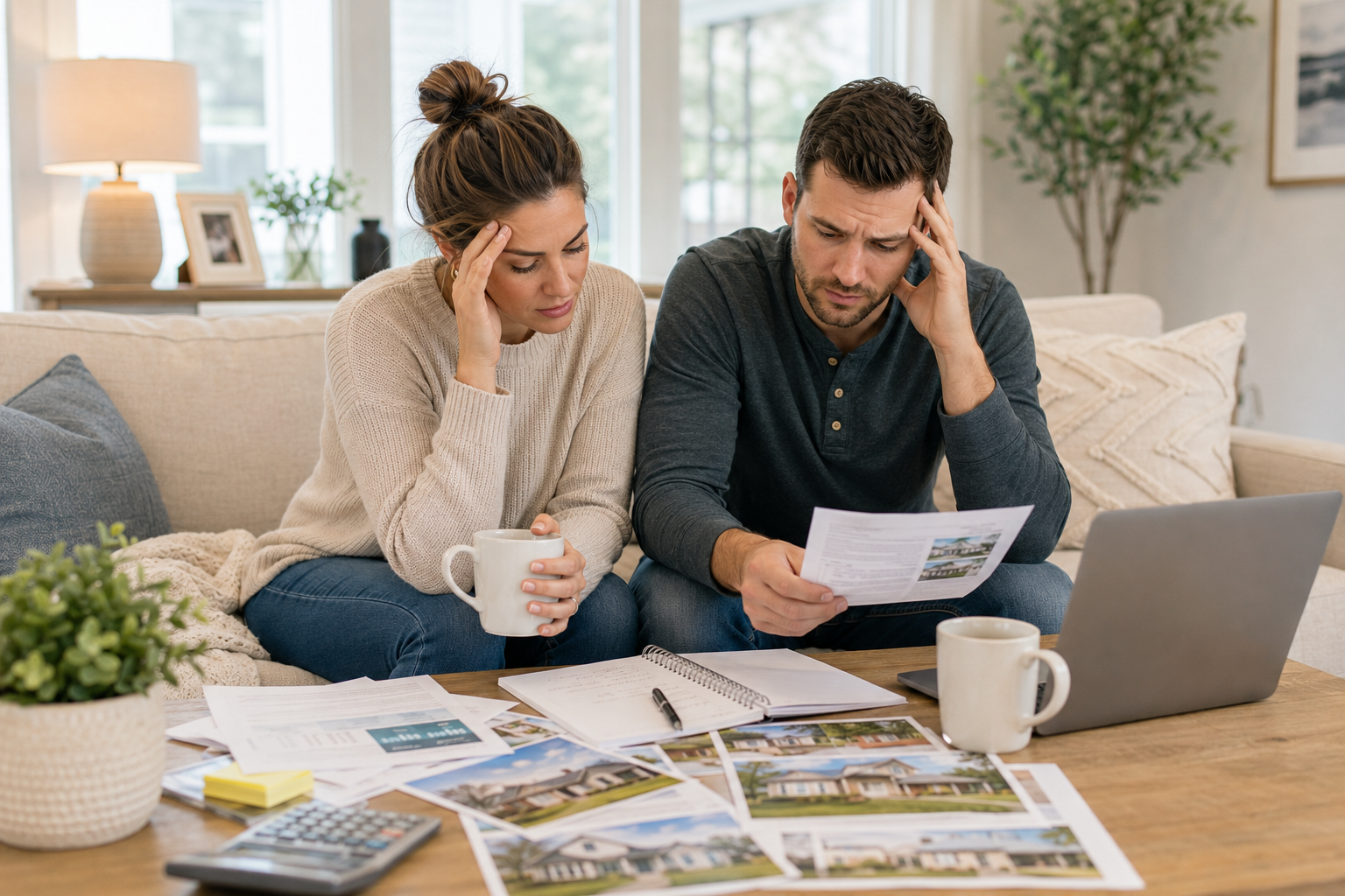 First-time home buyers sitting together inside a bright Greenville, South Carolina living room while reviewing listings, discussing neighborhoods, and feeling mentally overwhelmed during the home search process with coffee mugs and paperwork nearby.