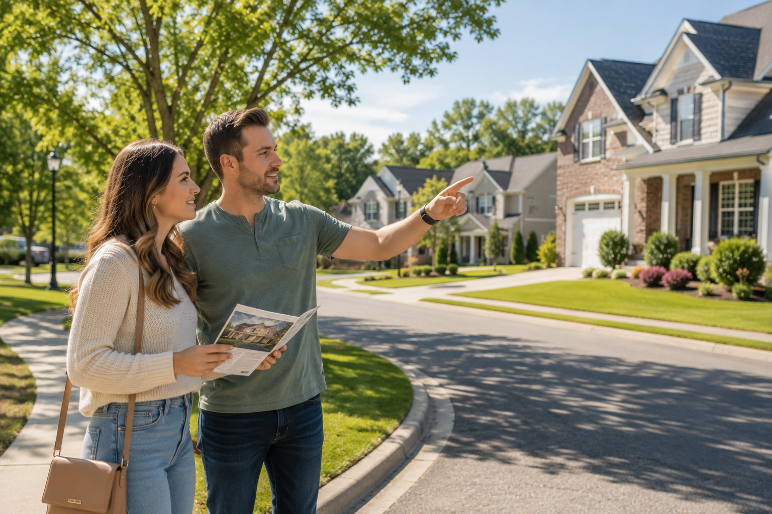 First-time home buyers standing together outside a quiet Simpsonville, South Carolina neighborhood while discussing peaceful streets, evening walks, and neighborhood atmosphere during the home search process. First-time home buyers standing together outside a quiet Simpsonville, South Carolina neighborhood while discussing peaceful streets, evening walks, and neighborhood atmosphere during the home search process.