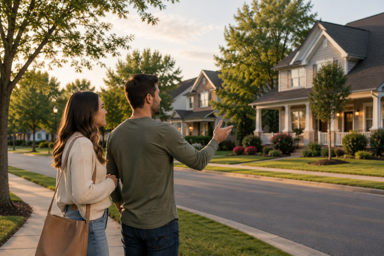 First-time home buyers standing together outside a quiet Simpsonville, South Carolina neighborhood while discussing peaceful streets, evening walks, and neighborhood atmosphere during the home search process.