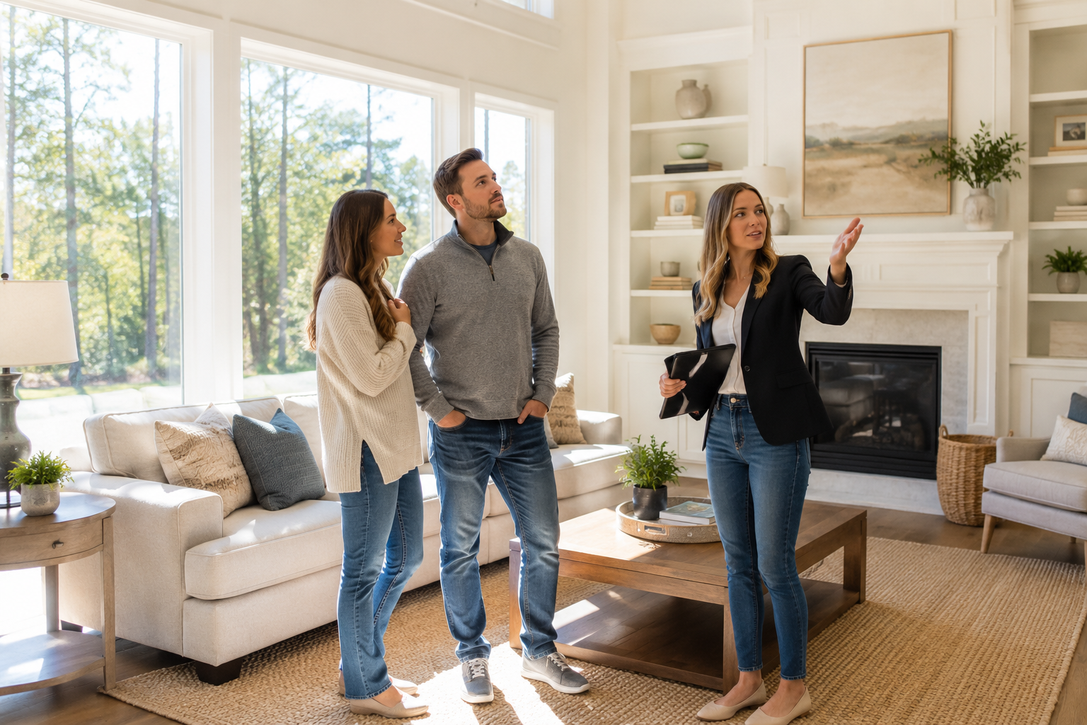 First-time home buyers standing together inside a bright Greenville, South Carolina living room with large windows while discussing natural light, peaceful surroundings, and emotional comfort during the home search process. First-time home buyers standing together inside a bright Greenville, South Carolina living room with large windows while discussing natural light, peaceful surroundings, and emotional comfort during the home search process.