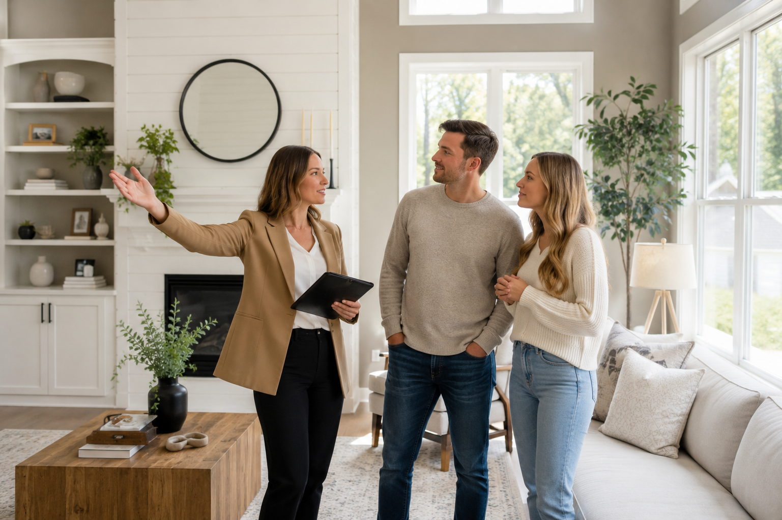 First-time home buyers standing together inside a bright Greenville, South Carolina living room with large windows while discussing natural light, peaceful surroundings, and emotional comfort during the home search process. First-time home buyers standing together inside a bright Greenville, South Carolina living room with large windows while discussing natural light, peaceful surroundings, and emotional comfort during the home search process.