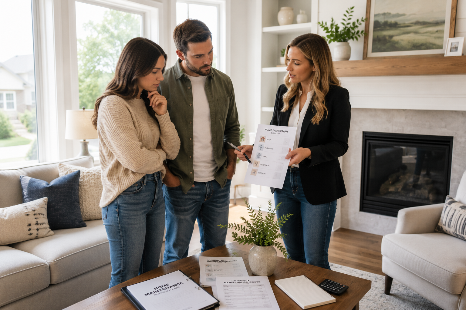 First-time home buyers standing together inside a bright Greenville, South Carolina living room while discussing future home maintenance concerns, inspection details, and long-term homeownership responsibilities with paperwork nearby.