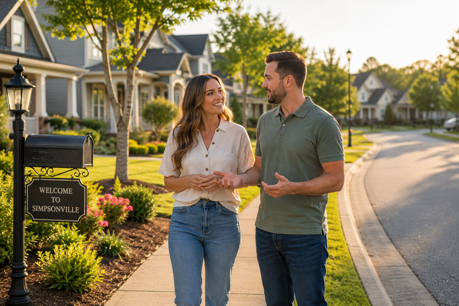 First-time home buyers standing together outside a quiet Simpsonville, South Carolina neighborhood while discussing peaceful streets, evening walks, and neighborhood atmosphere during the home search process. First-time home buyers standing together outside a quiet Simpsonville, South Carolina neighborhood while discussing peaceful streets, evening walks, and neighborhood atmosphere during the home search process.