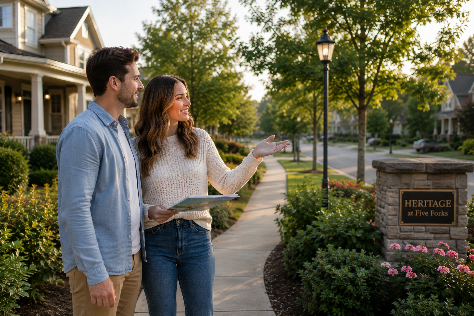 First-time home buyers standing together outside a quiet Simpsonville, South Carolina neighborhood while discussing peaceful streets, evening walks, and neighborhood atmosphere during the home search process. First-time home buyers standing together outside a quiet Simpsonville, South Carolina neighborhood while discussing peaceful streets, evening walks, and neighborhood atmosphere during the home search process.
