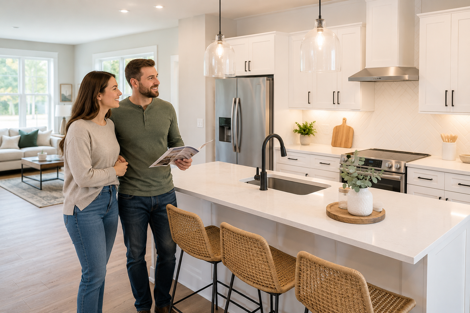 First-time home buyers standing together inside a bright Greenville, South Carolina kitchen while discussing layout flow, island seating, storage functionality, and daily routines in a newer home. First-time home buyers standing together inside a bright Greenville, South Carolina kitchen while discussing layout flow, island seating, storage functionality, and daily routines in a newer home.