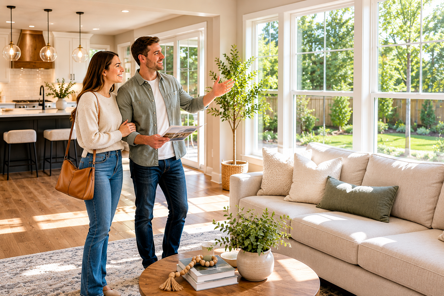First-time home buyers standing together inside a bright Greenville, South Carolina living room with large windows while discussing natural light, open layouts, and emotional comfort during the home search process.