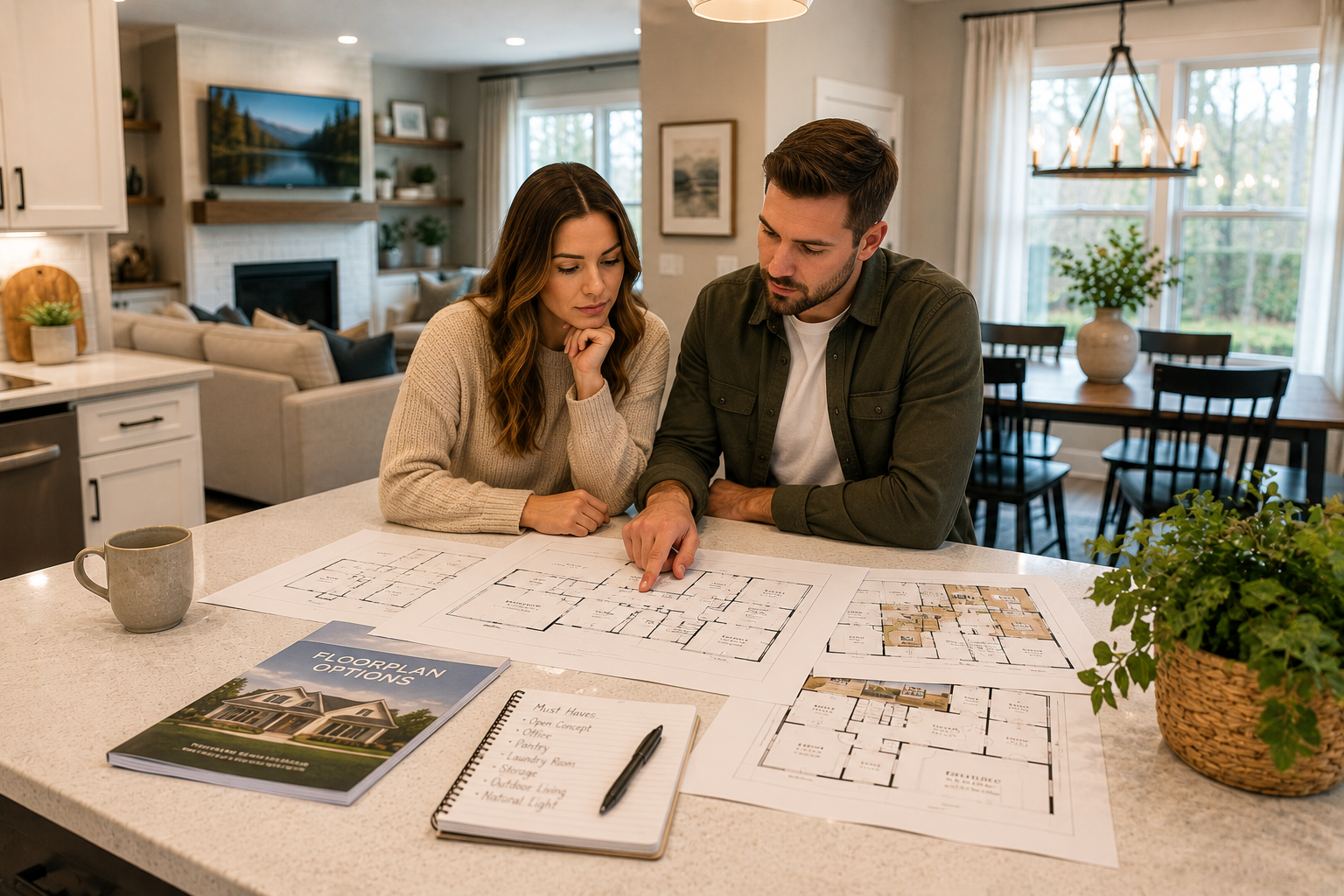 First-time home buyers reviewing multiple floorplan options inside a modern Greenville, South Carolina model home while discussing office space, layout flow, storage functionality, and everyday living routines. First-time home buyers reviewing multiple floorplan options inside a modern Greenville, South Carolina model home while discussing office space, layout flow, storage functionality, and everyday living routines.