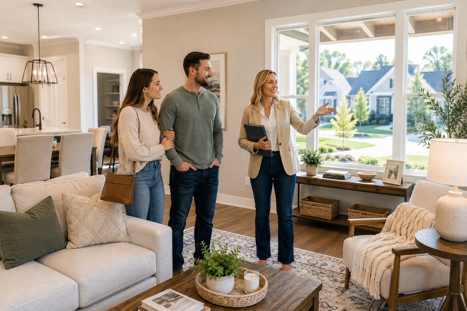 First-time home buyers walking together through a peaceful Simpsonville, South Carolina neighborhood while discussing quiet streets, outdoor living, morning routines, and neighborhood comfort during the home search process.