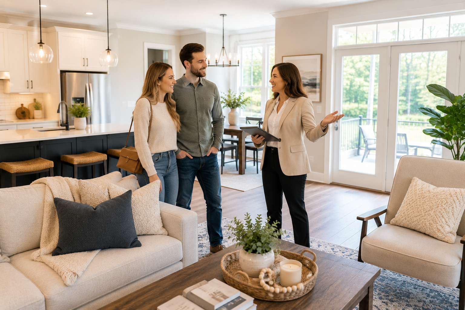 First-time home buyers relaxing together inside a bright Simpsonville, South Carolina living room while discussing peaceful layouts, natural light, emotional comfort, and daily routines during the home search process.