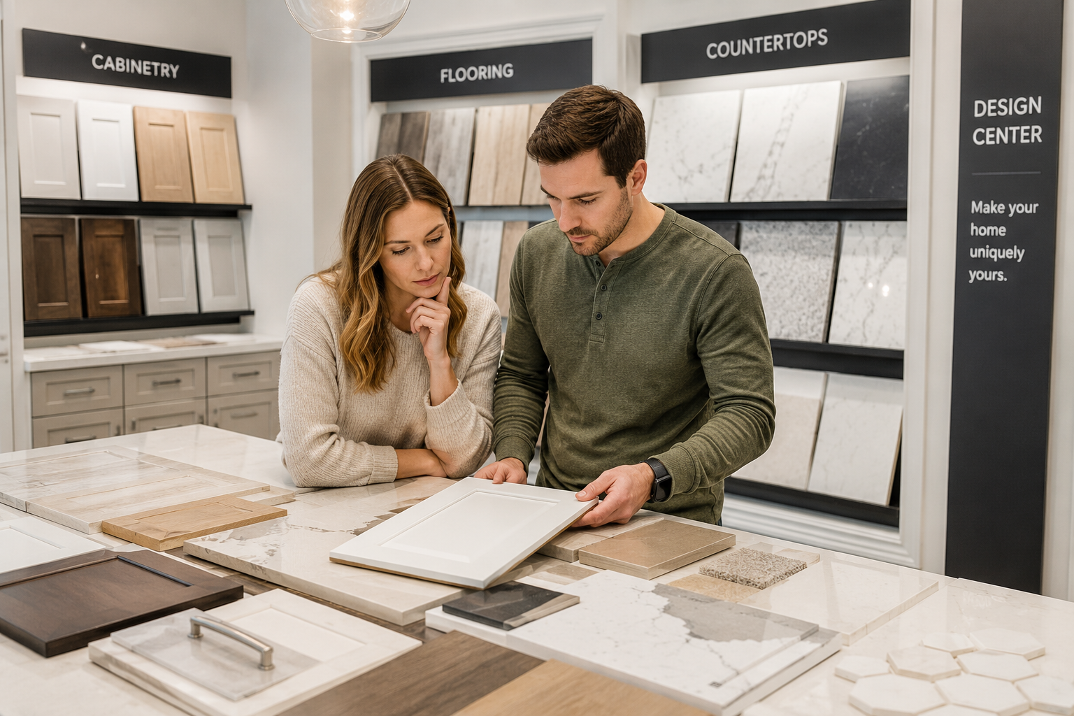 First-time home buyers standing together inside a modern Greenville, South Carolina design center while reviewing flooring samples, cabinet finishes, kitchen layouts, and upgrade selections with a thoughtful and slightly overwhelmed expression.