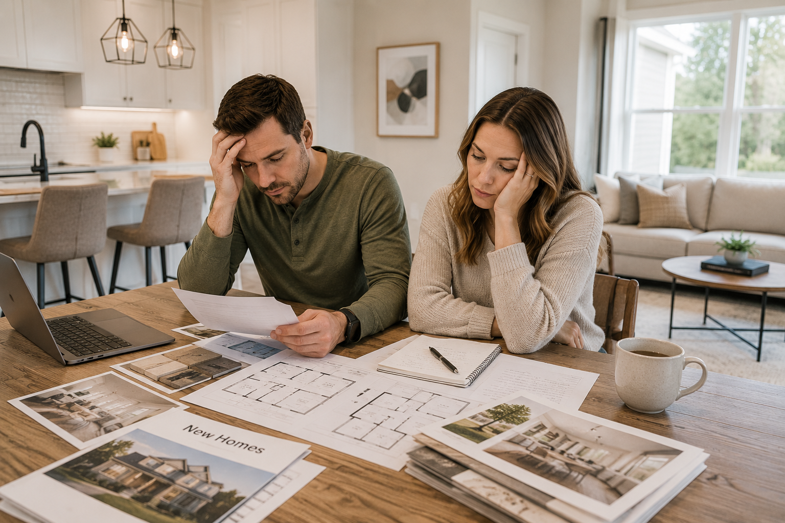 First-time home buyers sitting together inside a newer Greenville, South Carolina model home while reviewing floorplans, online listings, and notes with emotionally tired expressions after touring multiple homes.