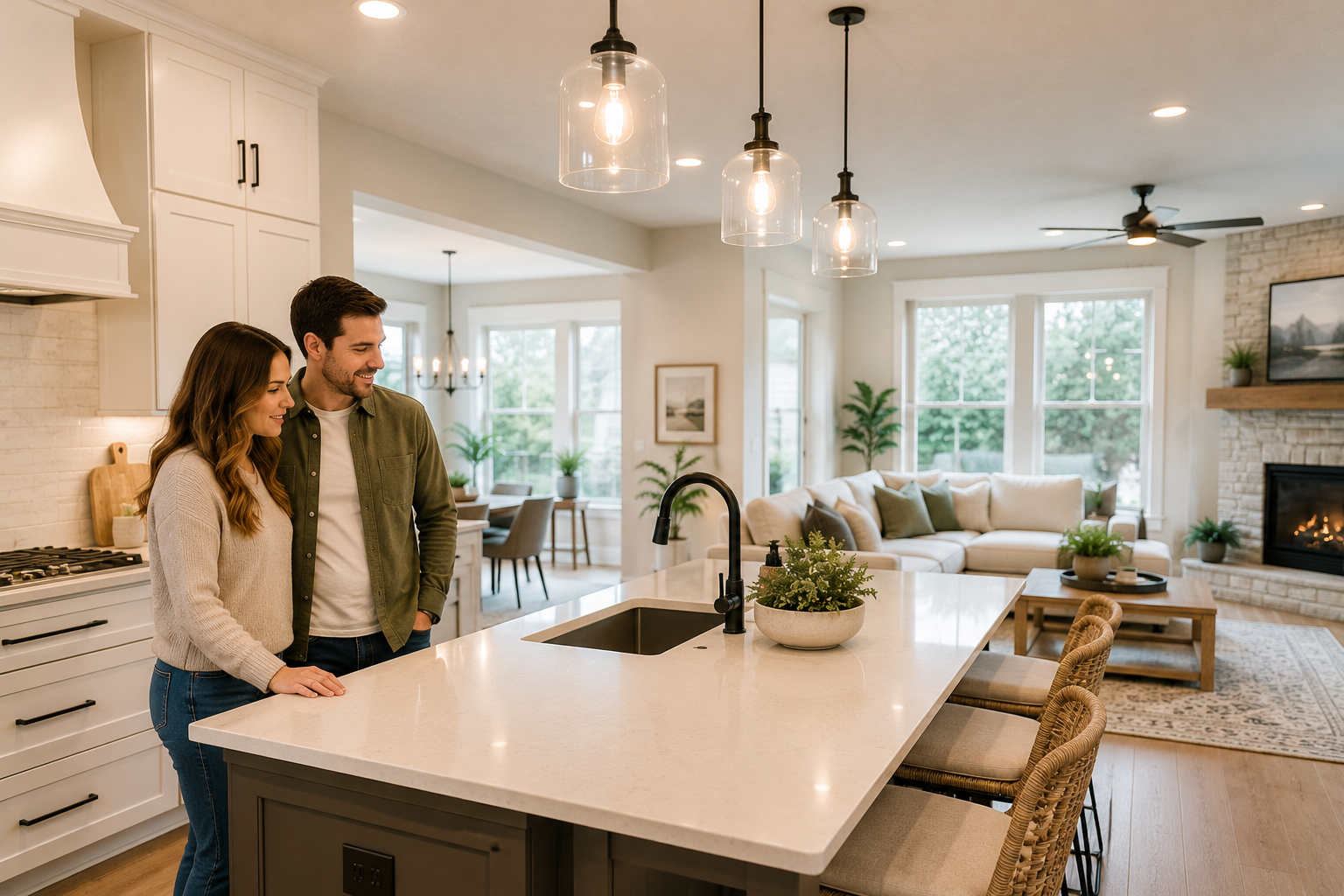 First-time home buyers standing together inside a bright open-concept Greenville, South Carolina kitchen with a large island, natural light, connected living spaces, and a calm emotionally comfortable atmosphere.