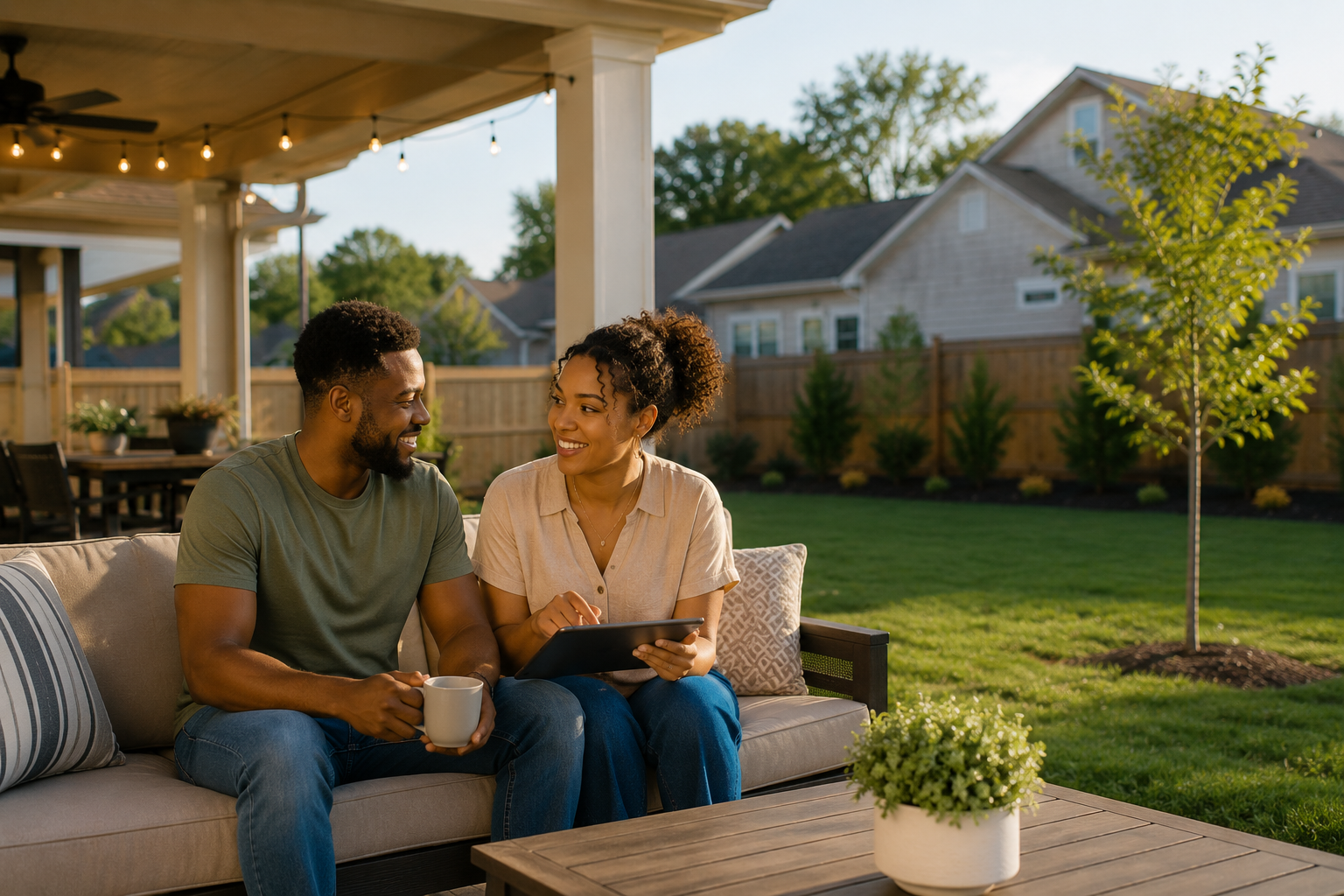 Black first-time home buyers relaxing together in a newer Simpsonville, South Carolina backyard while discussing outdoor living, future gatherings, peaceful evenings, and everyday routines near a covered patio space.