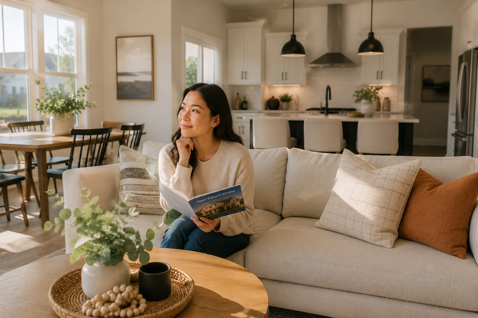 Asian first-time home buyer sitting quietly inside a bright newer Simpsonville, South Carolina living room with soft natural light, open layout flow, neutral finishes, and a calm emotionally reflective atmosphere during a home tour.