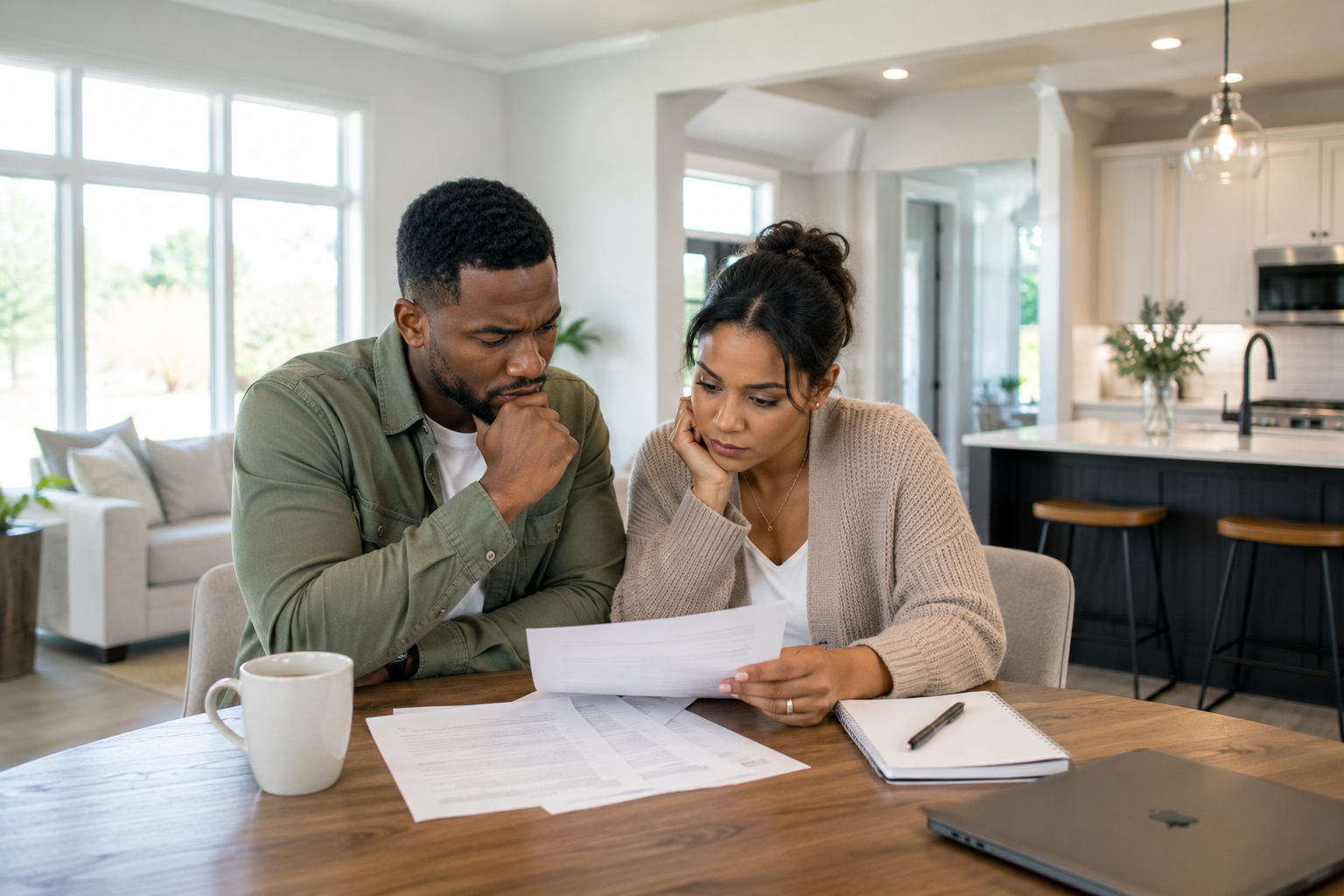 Interracial first-time home buyers sitting together inside a newer Greenville, South Carolina model home while reviewing paperwork, discussing long-term responsibilities, and processing emotional overwhelm during the home-buying process. Interracial first-time home buyers sitting together inside a newer Greenville, South Carolina model home while reviewing paperwork, discussing long-term responsibilities, and processing emotional overwhelm during the home-buying process.