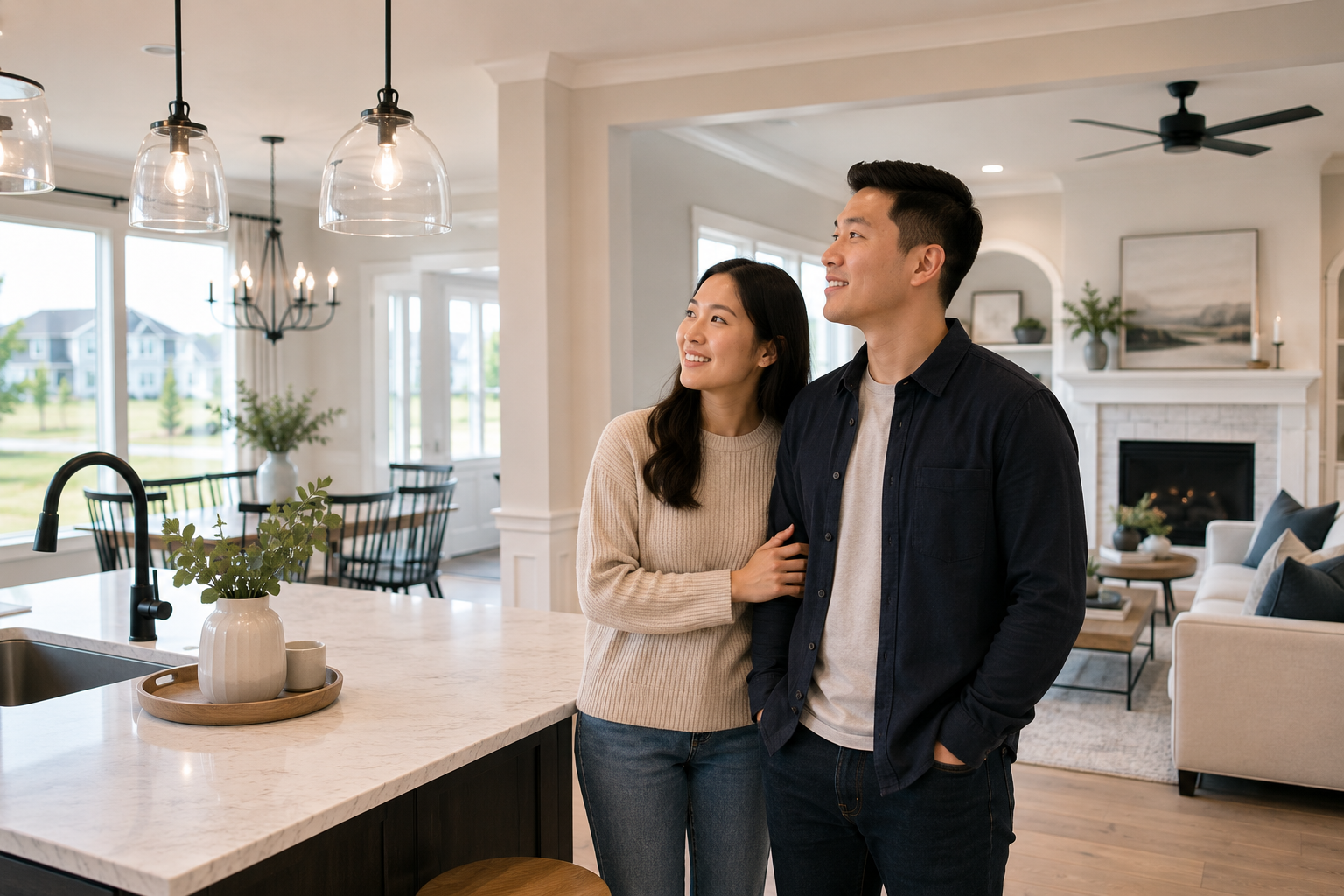 Asian-American couple standing together inside a bright open-concept Greenville, South Carolina kitchen while imagining future family gatherings, holiday traditions, and everyday routines during a new home tour. Asian-American couple standing together inside a bright open-concept Greenville, South Carolina kitchen while imagining future family gatherings, holiday traditions, and everyday routines during a new home tour.