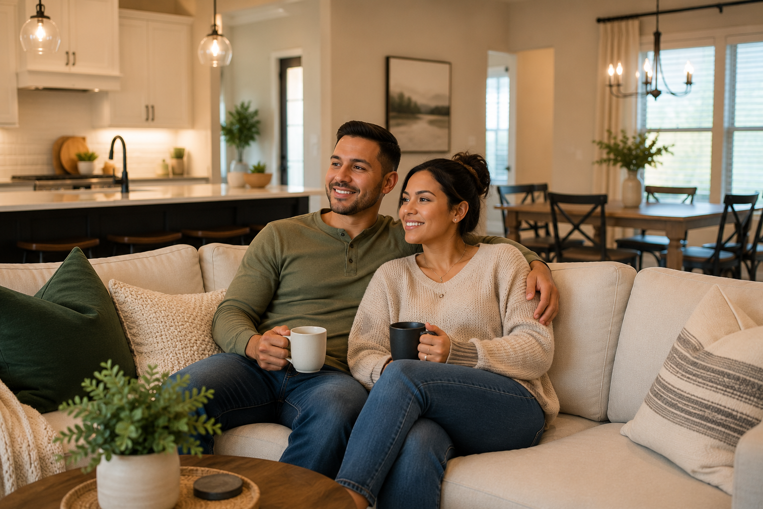Hispanic couple relaxing together near a covered backyard patio in a newer Simpsonville, South Carolina home while imagining peaceful evenings, outdoor conversations, and calmer daily routines during the home-buying process.