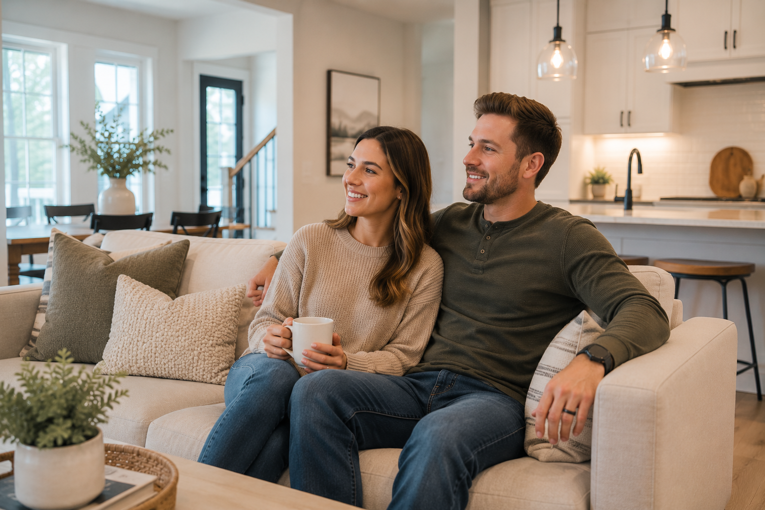 White first-time home buyers sitting together inside a softly lit Simpsonville, South Carolina living room while relaxing after a home tour and emotionally processing the feeling of finally finding a home that feels calm and supportive.