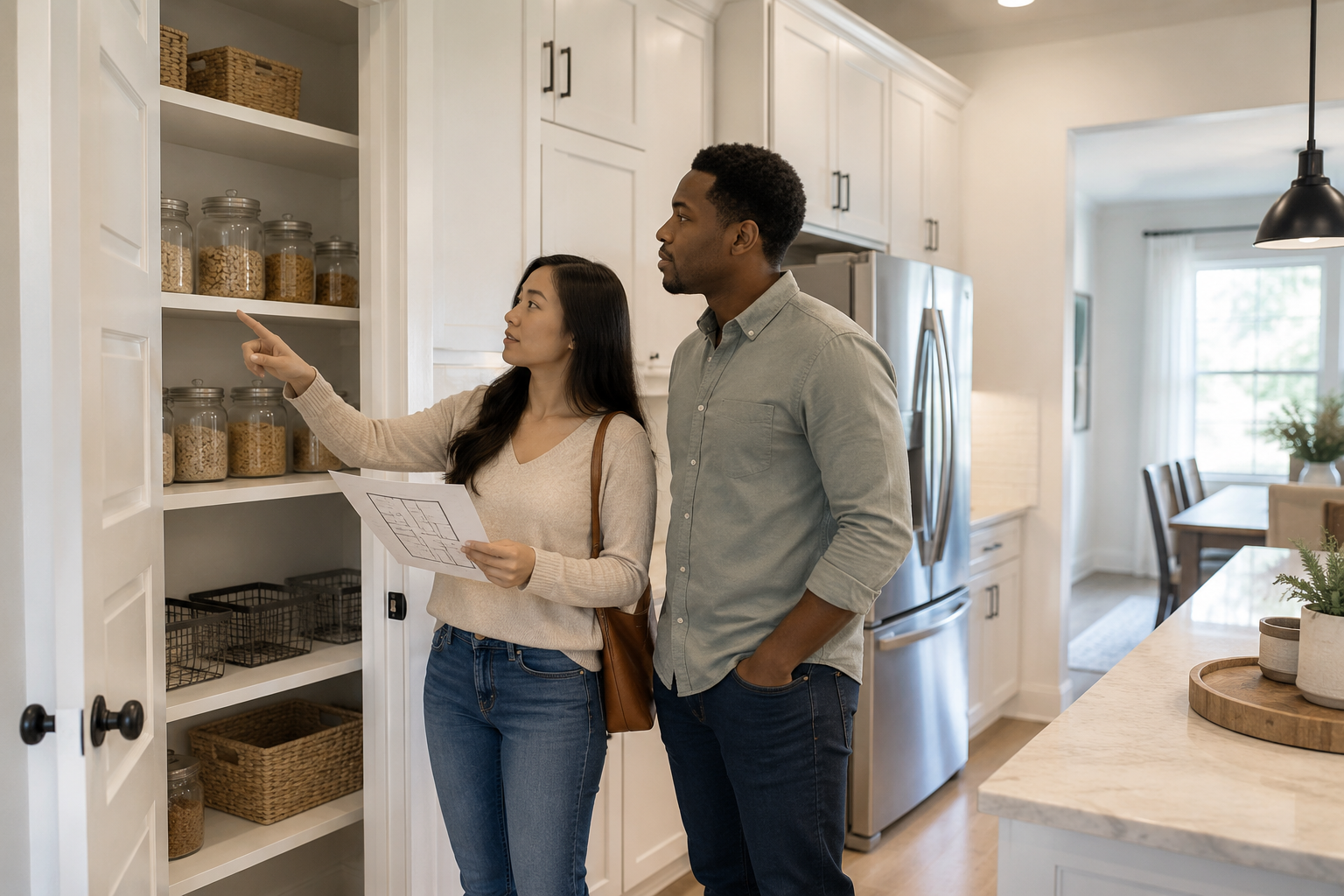 Middle-aged interracial couple standing inside a newer Greenville, South Carolina kitchen while discussing pantry storage, layout flow, and everyday functionality during a thoughtful home tour conversation.