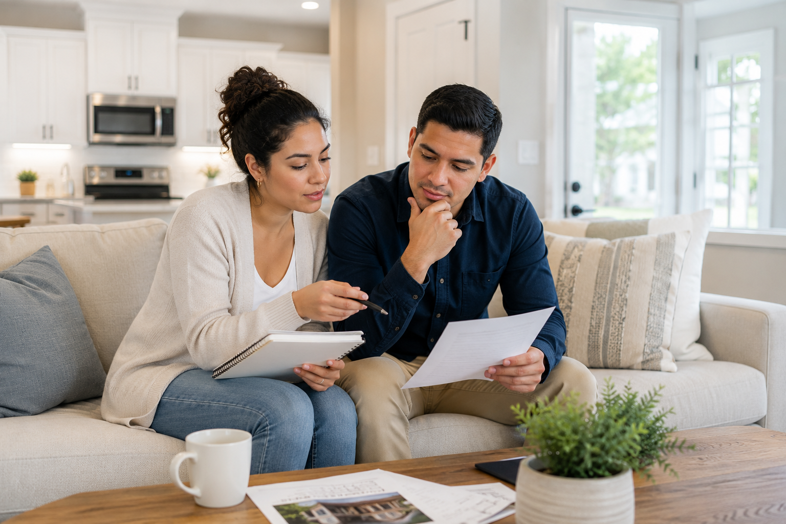 Young Hispanic couple sitting together inside a newer Greenville, South Carolina living room while reviewing home notes, discussing priorities, and emotionally processing different lifestyle preferences during the home-buying process.
