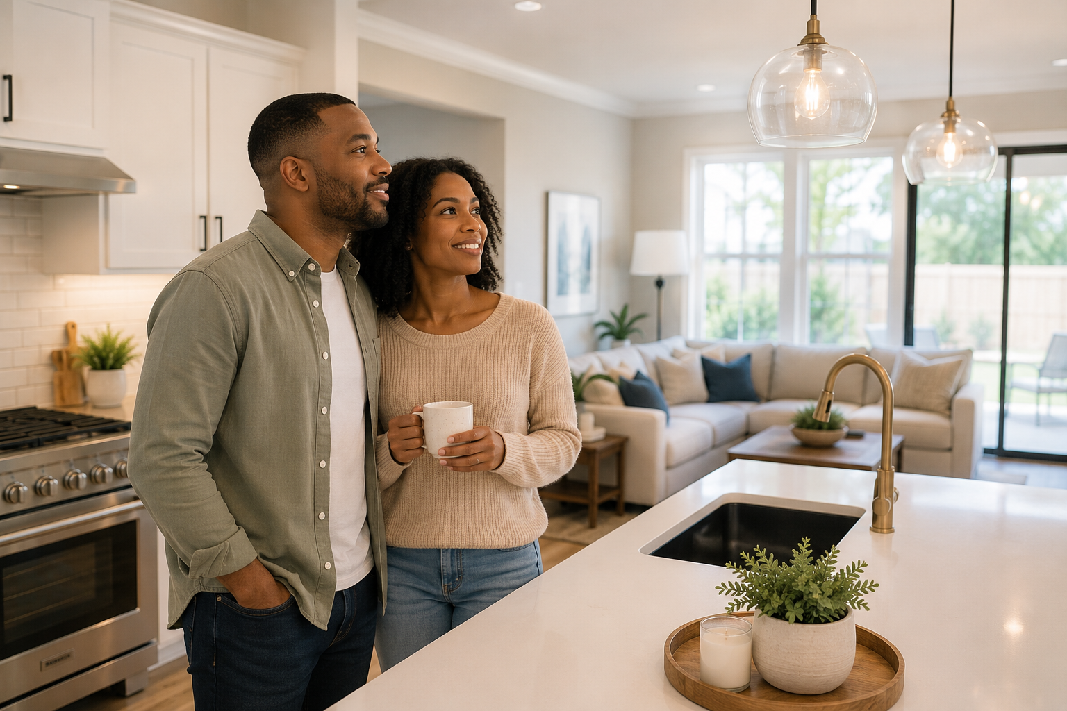 Black couple standing quietly inside a newer Greenville, South Carolina open-concept kitchen while imagining future family routines, emotional comfort, and long-term life during a thoughtful home tour.