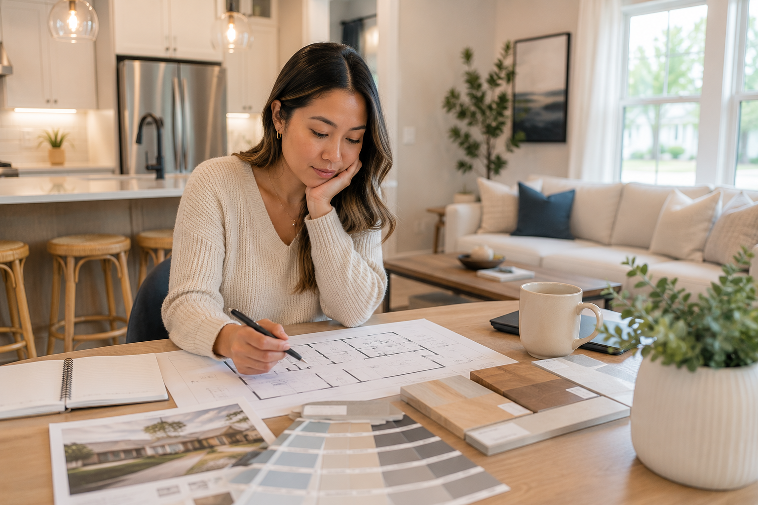 Asian-American woman sitting quietly inside a newer Simpsonville, South Carolina model home while reviewing floorplans and emotionally processing multiple home-buying decisions after touring several communities.
