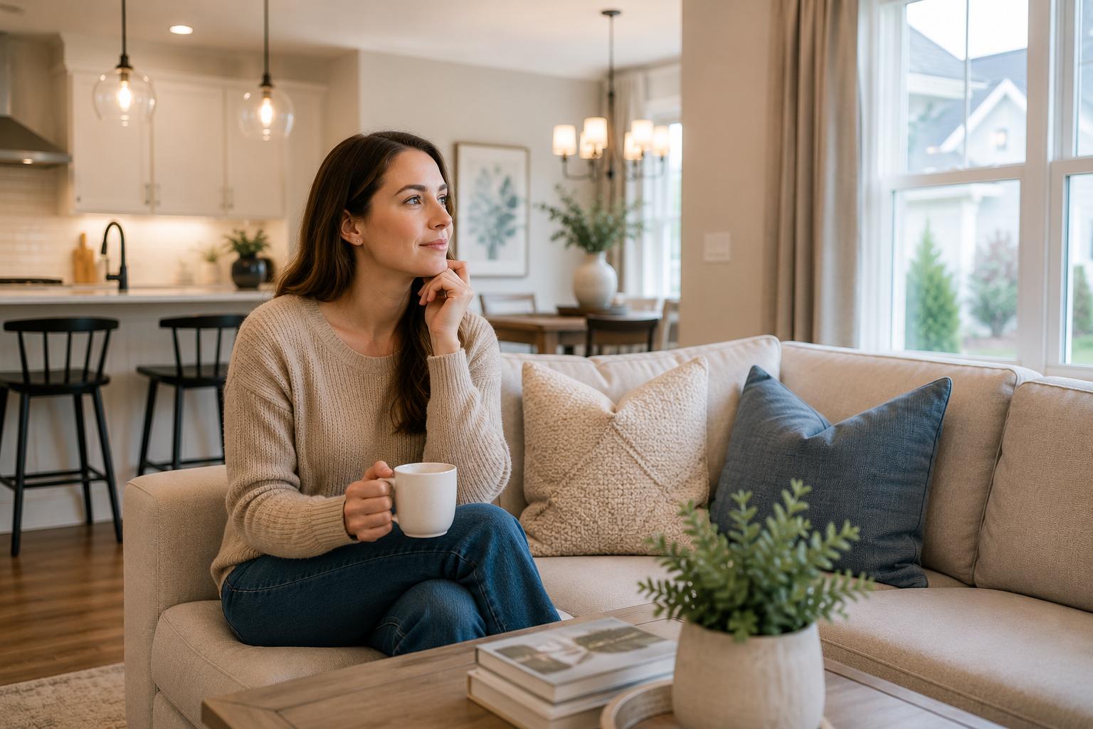 White woman sitting comfortably on a sofa inside a newer Simpsonville, South Carolina living room while quietly imagining future routines, emotional comfort, and peaceful everyday life after touring homes. White woman sitting comfortably on a sofa inside a newer Simpsonville, South Carolina living room while quietly imagining future routines, emotional comfort, and peaceful everyday life after touring homes.