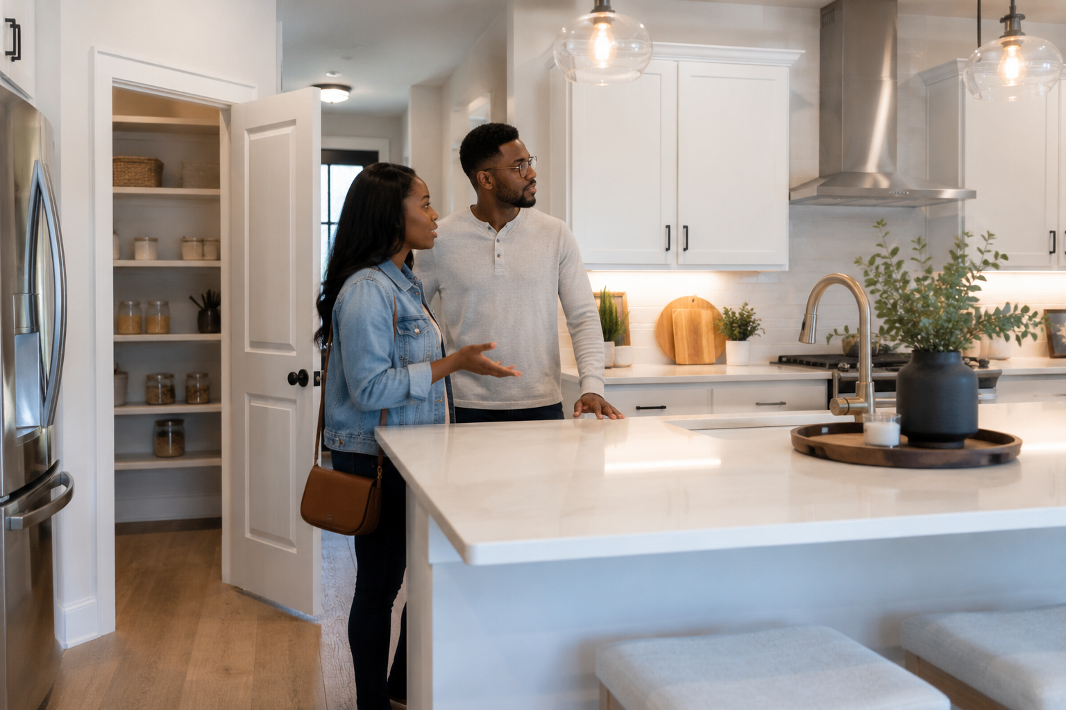 Young black couple touring a newer Greenville, SC home while discussing kitchen flow, storage space, and how the layout would support everyday routines.