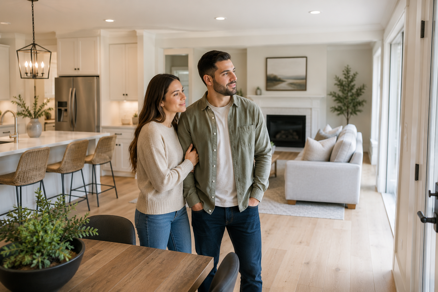 Young couple quietly standing in a bright newer Greenville, SC home while imagining future routines and long-term everyday life together.