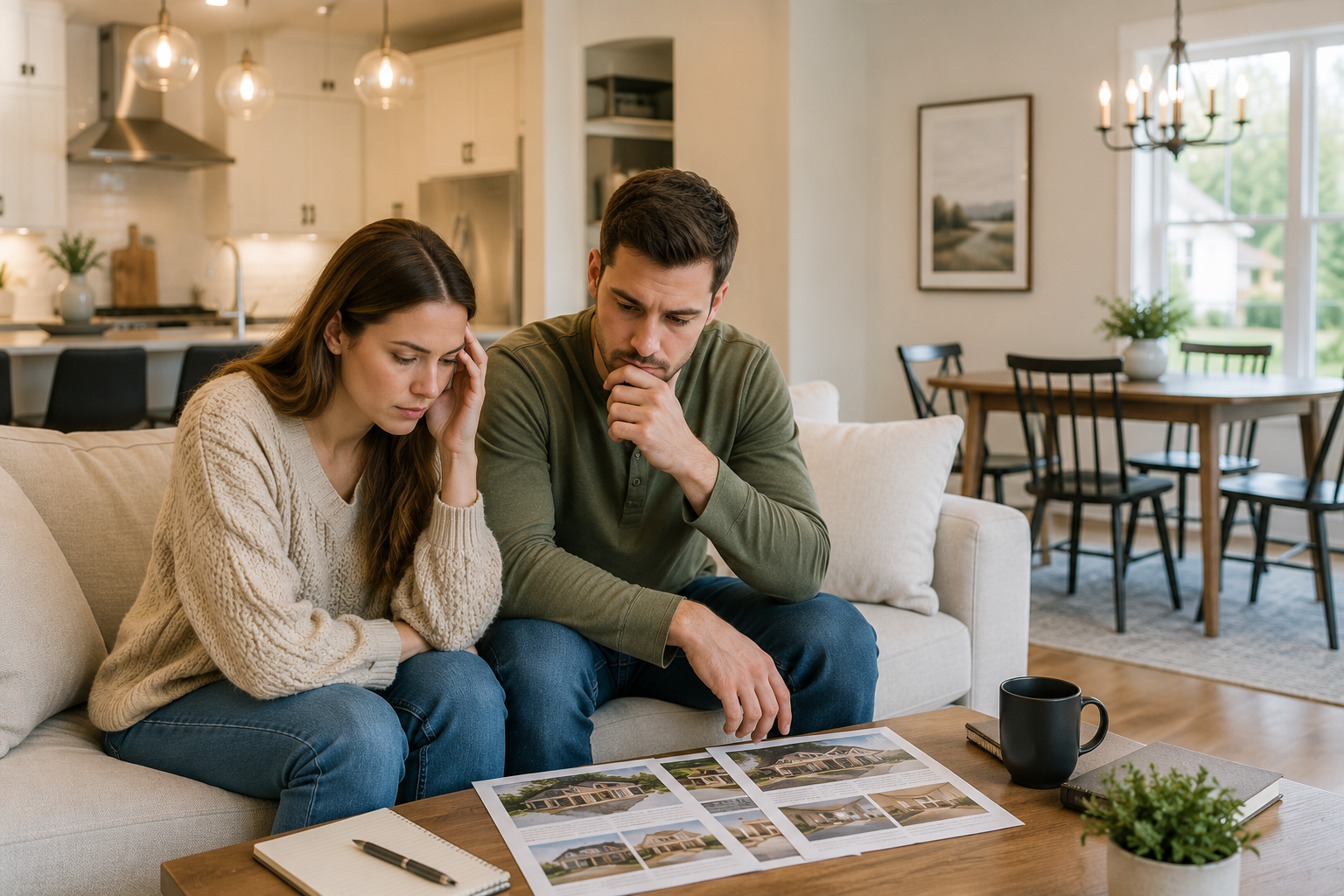 Thoughtful young couple sitting quietly inside a newer Simpsonville, SC home after multiple tours while emotionally processing home comparisons and decision fatigue.