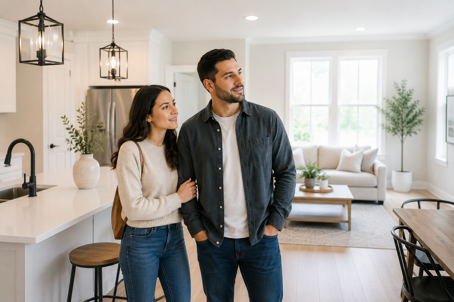Couple touring a simpler newer Simpsonville, SC home while quietly discussing practical living, emotional comfort, and peaceful everyday routines.