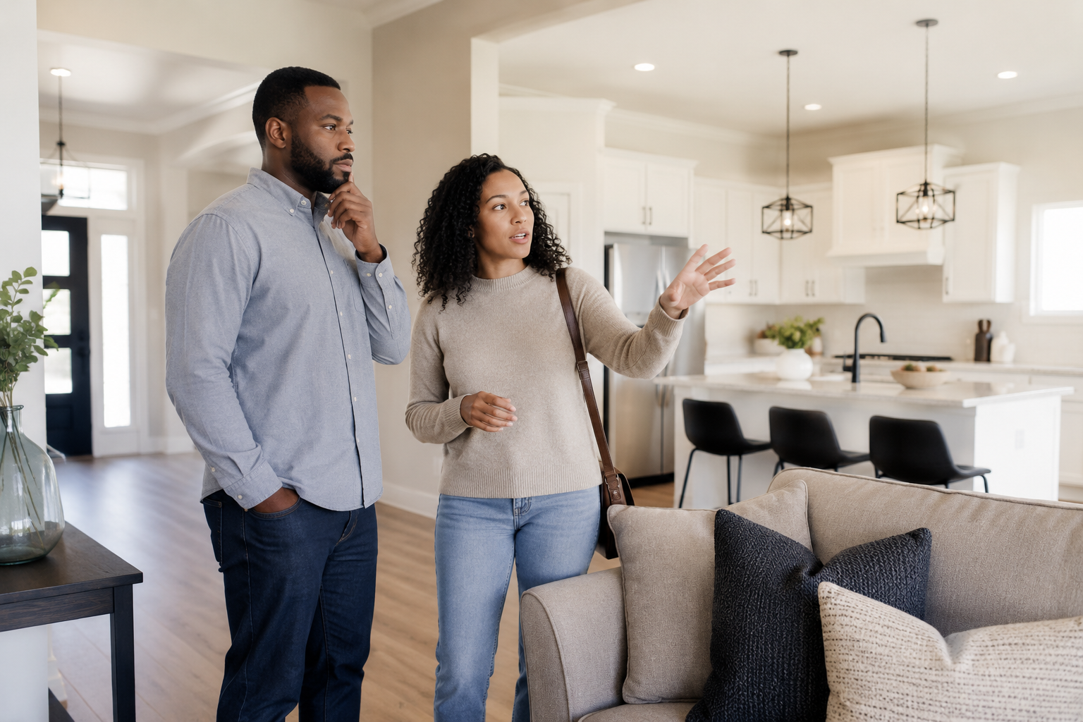 Interracial couple standing quietly inside a newer Greenville, South Carolina home while thoughtfully discussing layout flow, lighting, and emotional comfort during a home tour.