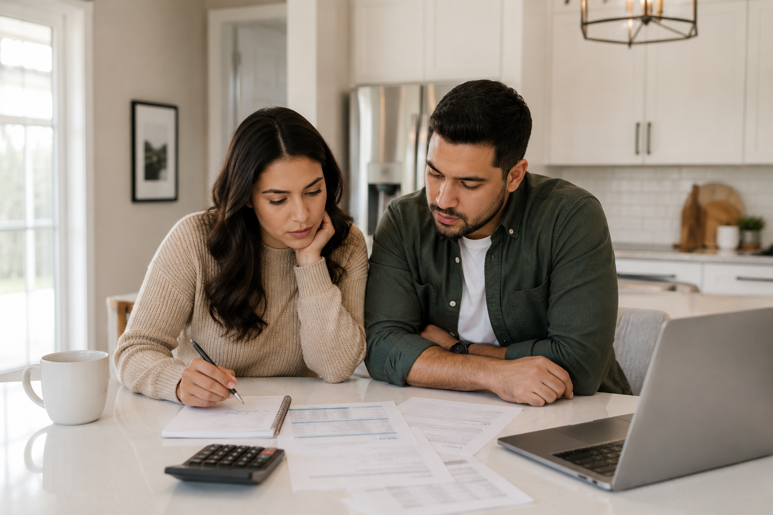 Young Hispanic couple sitting at a kitchen island inside a newer Greenville, South Carolina home while thoughtfully reviewing monthly expenses and discussing emotional financial comfort.