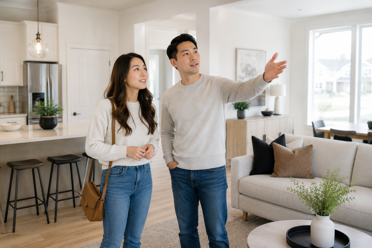 Asian couple walking slowly through a bright newer Greenville, South Carolina home while naturally discussing future family routines and peaceful everyday living together. Asian couple walking slowly through a bright newer Greenville, South Carolina home while naturally discussing future family routines and peaceful everyday living together.