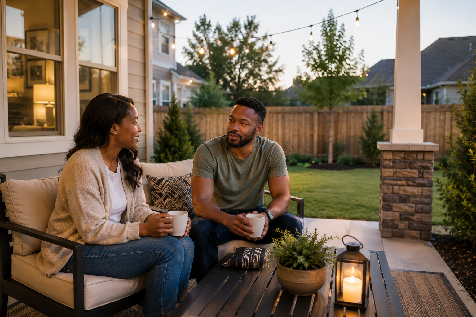 Black couple sitting together on a quiet backyard patio in a newer Simpsonville, South Carolina home while enjoying coffee and talking naturally during a peaceful evening outdoors.