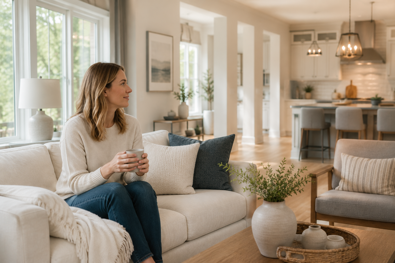 Single white female buyer sitting quietly in a softly lit newer Simpsonville, South Carolina living room while thoughtfully taking in the calm layout and peaceful emotional atmosphere.