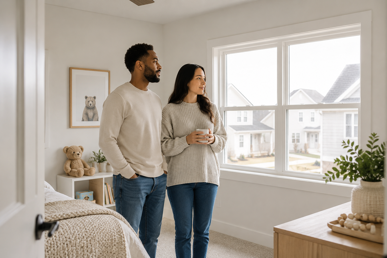 Young interracial couple standing in a bright upstairs bedroom of a newer Greenville, South Carolina home while thoughtfully looking out the window and imagining future family life.