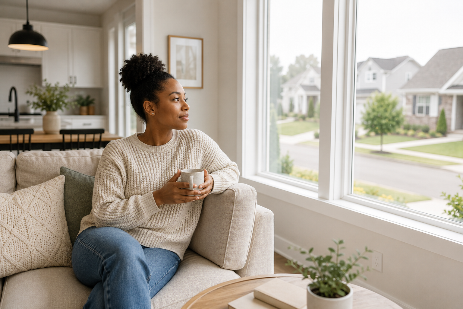 Single Black woman sitting comfortably near a large living room window in a newer Greenville home, thoughtfully looking outside while imagining future routines and long-term stability.