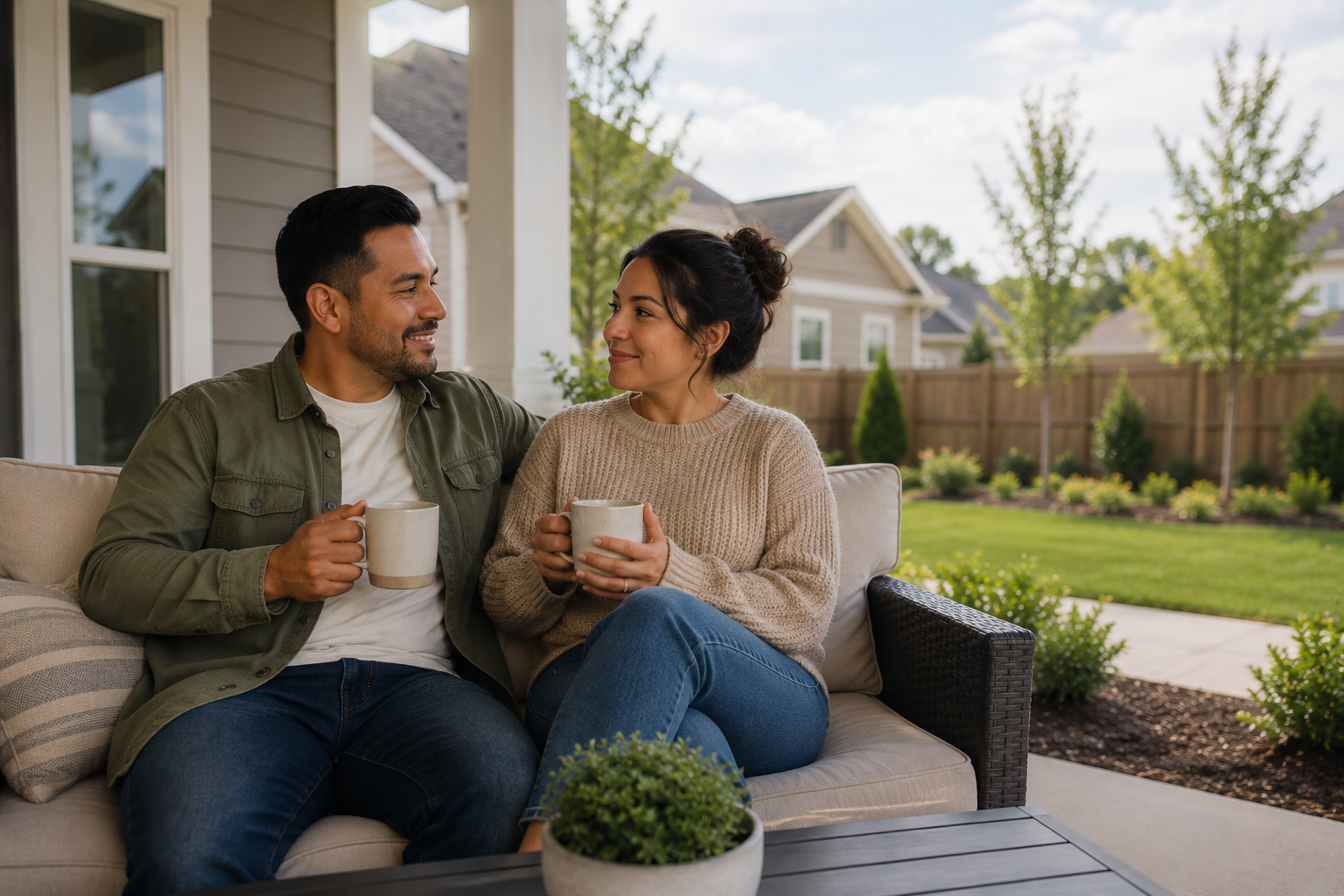 Hispanic couple sitting together on a covered backyard patio of a newer Simpsonville home, enjoying coffee and a quiet conversation while imagining slower weekends and everyday routines. Hispanic couple sitting together on a covered backyard patio of a newer Simpsonville home, enjoying coffee and a quiet conversation while imagining slower weekends and everyday routines.