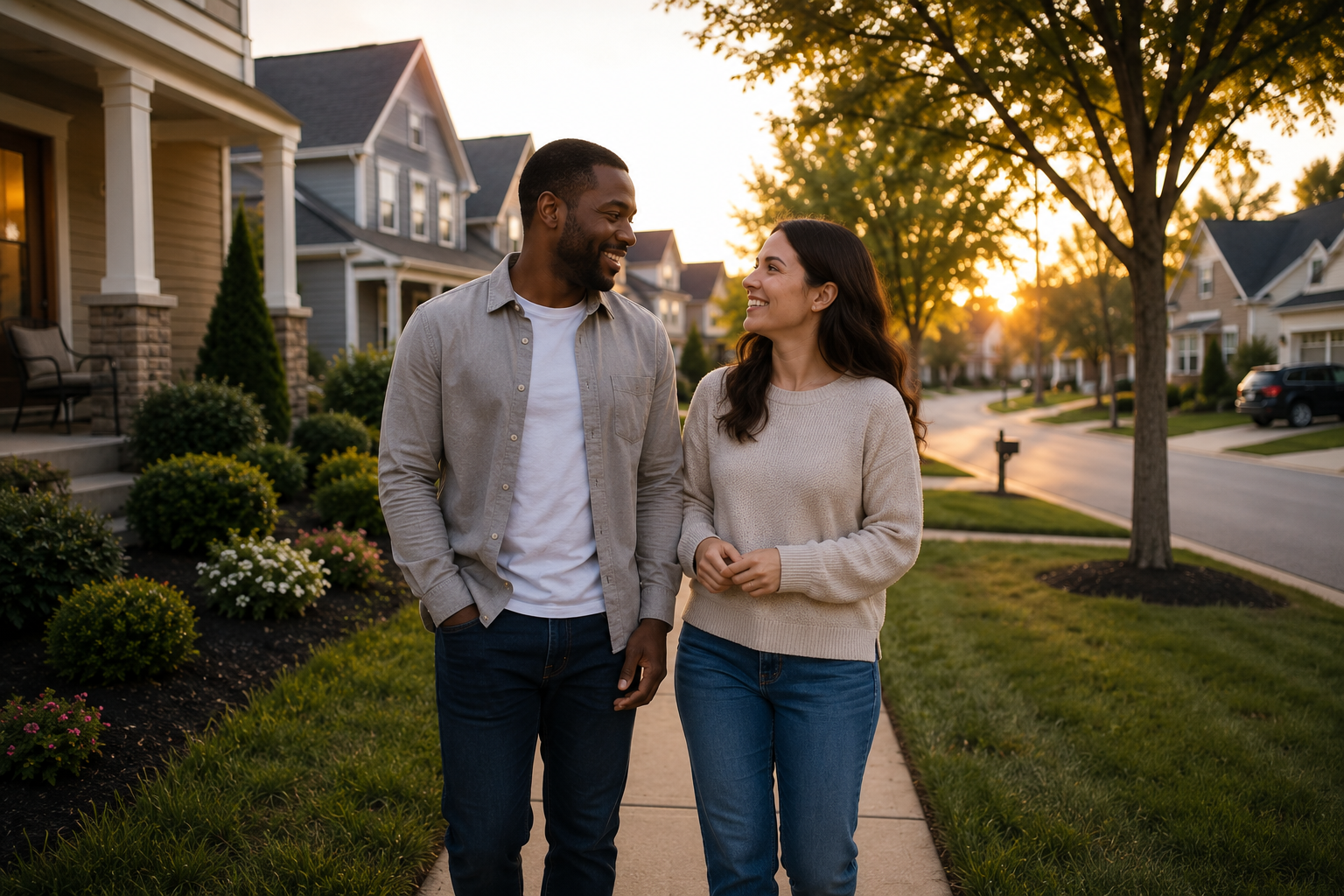 Interracial couple taking a quiet evening walk through a newer Simpsonville neighborhood, talking casually while imagining future routines, long-term stability, and what it would feel like to finally put down roots. Interracial couple taking a quiet evening walk through a newer Simpsonville neighborhood, talking casually while imagining future routines, long-term stability, and what it would feel like to finally put down roots.