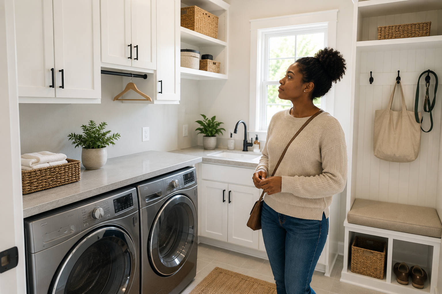 Single Black woman standing in a bright laundry room of a newer Greenville home, thoughtfully looking at built-in cabinets, folding space, and storage shelves while imagining how the room would support everyday routines.