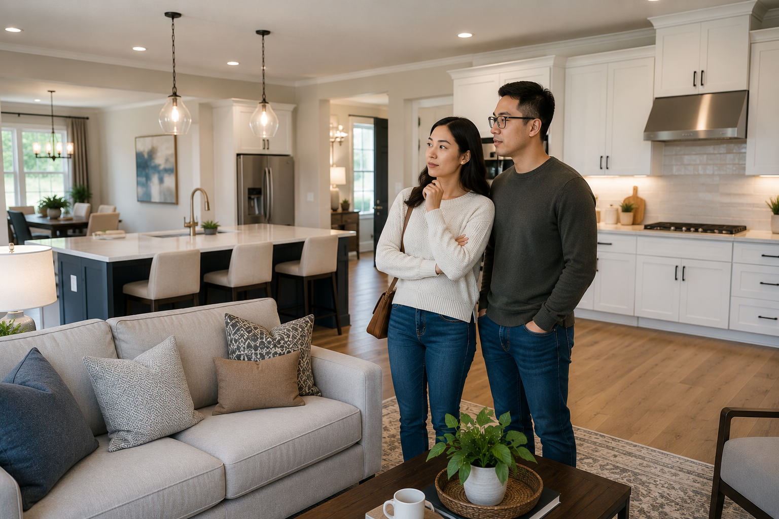 Asian couple standing in an open-concept living room and kitchen of a newer Greenville home, quietly observing the layout and discussing how the space would feel during everyday routines and family gatherings