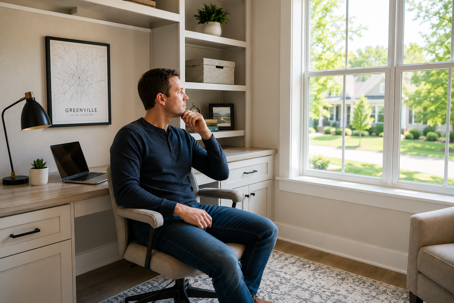 White male buyer sitting at a built-in desk inside a bright flex room of a newer Greenville home, looking thoughtfully toward a large window while imagining a comfortable work-from-home routine. White male buyer sitting at a built-in desk inside a bright flex room of a newer Greenville home, looking thoughtfully toward a large window while imagining a comfortable work-from-home routine.