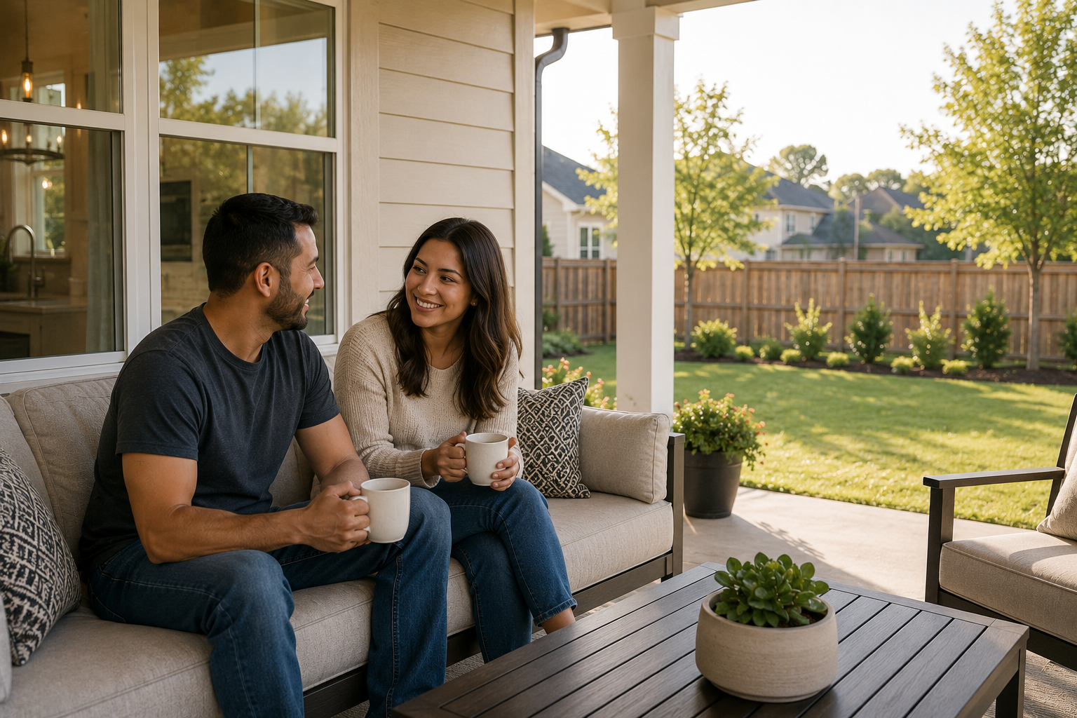 Hispanic couple sitting together on a covered backyard patio of a newer Simpsonville home, sharing coffee and conversation while overlooking a fenced yard and imagining future weekends, family gatherings, and time outdoors.
