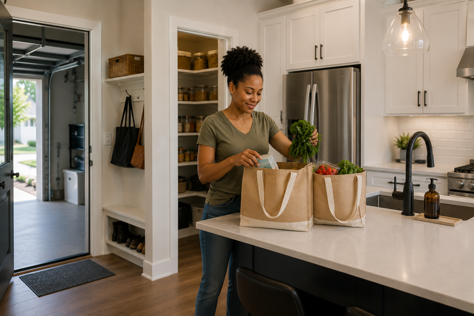 Single Black woman unloading reusable grocery bags in the kitchen of a newer Simpsonville home, naturally moving between the garage entry, pantry, and kitchen while appreciating how the layout supports everyday routines.