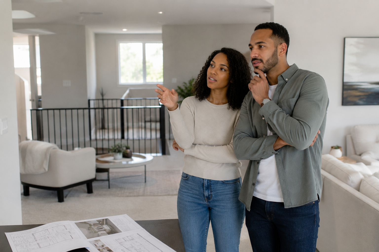 Interracial couple standing together in a bright loft area of a newer Greenville home, thoughtfully discussing future possibilities while looking around a flexible living space that could adapt to changing family needs over time.