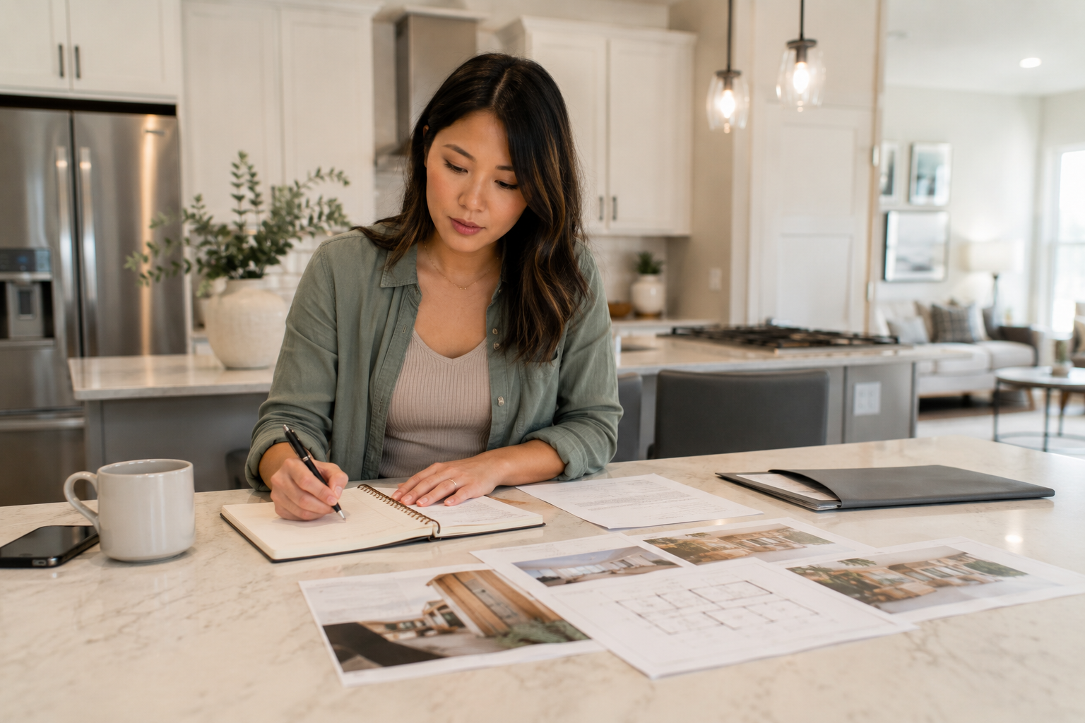 Asian woman seated at a kitchen island in a newer Greenville home, reviewing notes and home options with a thoughtful expression while considering priorities, budget, and the features that would best support everyday life.